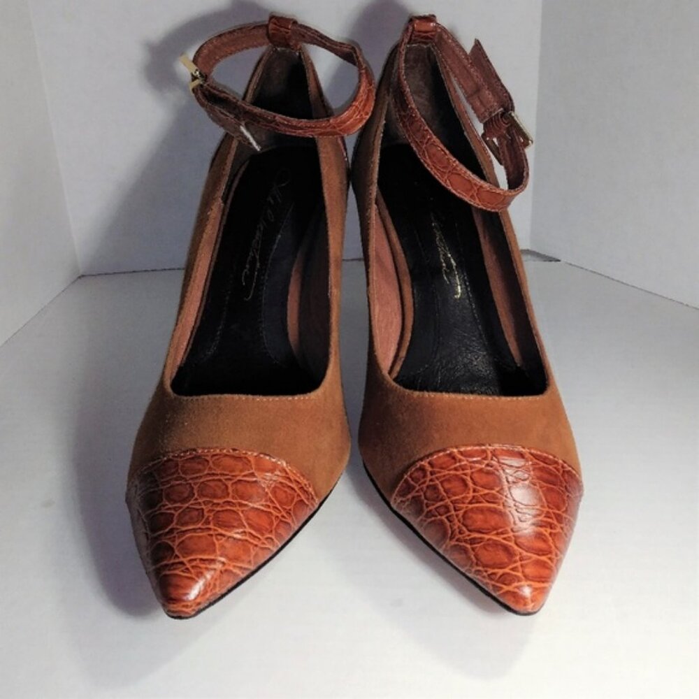 Womens Camel Heels Size 9 Brown Suede Pump Shoes Ankle Strap Hal Rubenstein - Picture 3 of 4